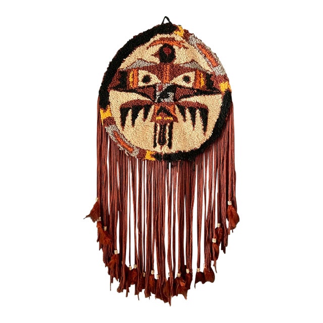 1970's Original Signed Indigenous Mask Needlepoint Textile Art For Sale