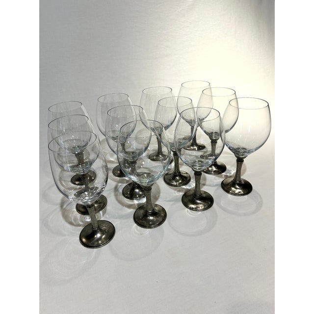 Transitional Set of 12 Williams-Sonoma 4” Diameter Pewter Stem Hand-Blown Crystal Wine Goblets For Sale - Image 3 of 4