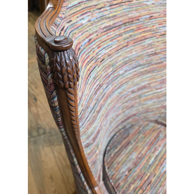 French Louis XVI Revival Carved Walnut Fauteuil Armchair With Fluted Legs and Striped Upholstery, 20th Century For Sale - Image 3 of 11