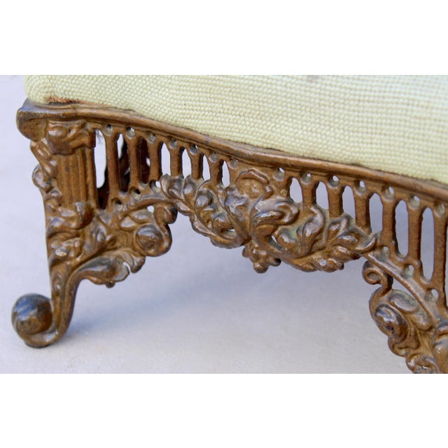 Bronze Vintage 1940s Rococo Revival Gilt Cast Iron Footstool With Floral Needlepoint Cushion For Sale - Image 8 of 13