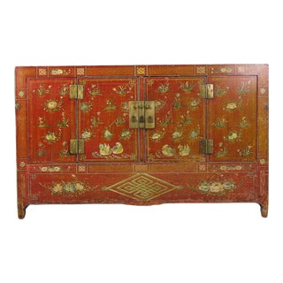 Red Hand Painted Antique Chinese Sideboard Cabinet For Sale