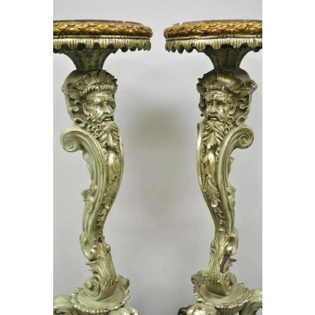 Italian Baroque Style Marble Top Figural Bearded Man Pedestal Stands - a Pair. Item features round marble tops, cast resin...
