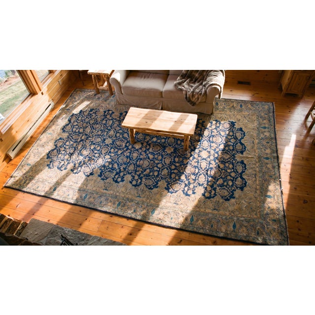 1920s Blue Navy Geometric Antique s.e. Persian Kirman Rug 11'10" X 23'10 Handkknotted Wool Carpet For Sale - Image 9 of 9