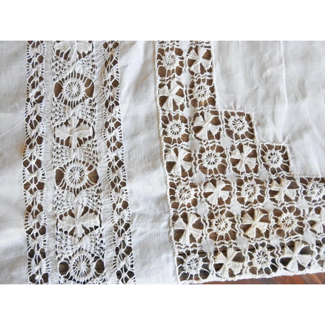 Textile Antique White Linen Openwork Luncheon Tablecloth For Sale - Image 7 of 8
