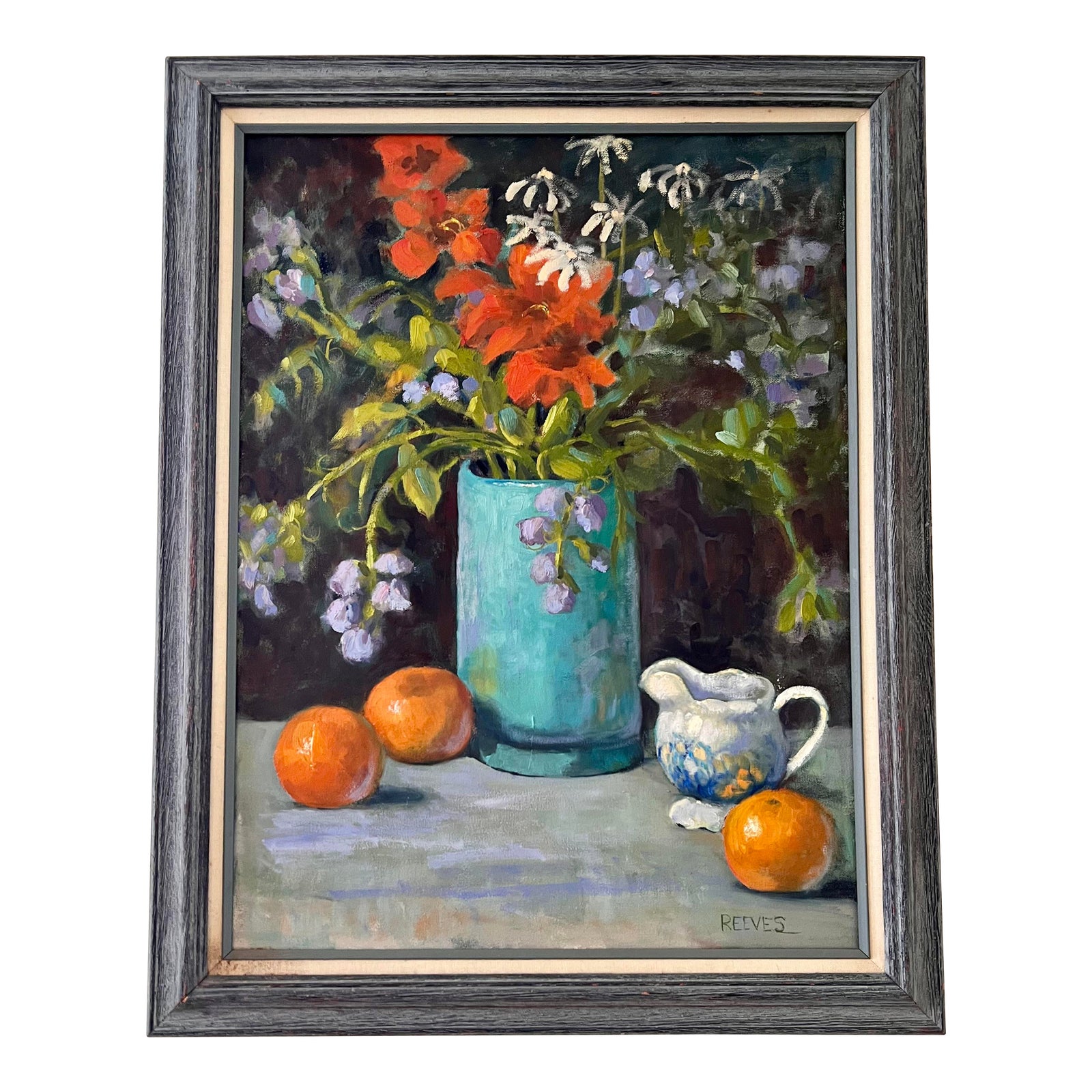 Mid Century Still Life Oil Painting Turquoise Vase With Flowers Signed