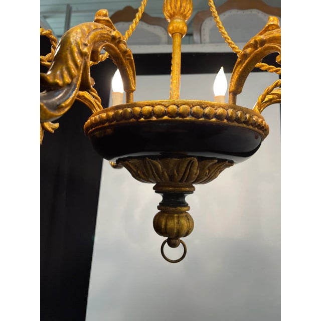 Metal Vintage Italian Florentine and Black Chandelier With Tassel and Tole Decoration For Sale - Image 7 of 13