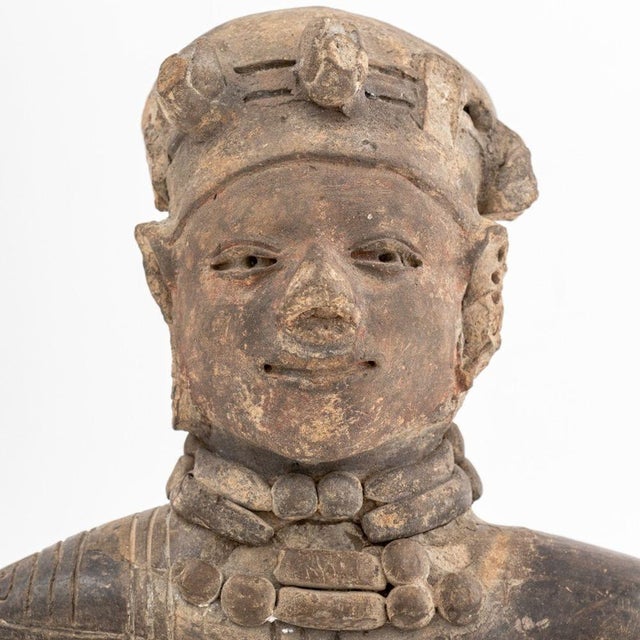 Pre-Columbian Standing Male Nude Figure, probably Aztec, black burnished terracotta, mounted on ebonized wood base. 14.5"...