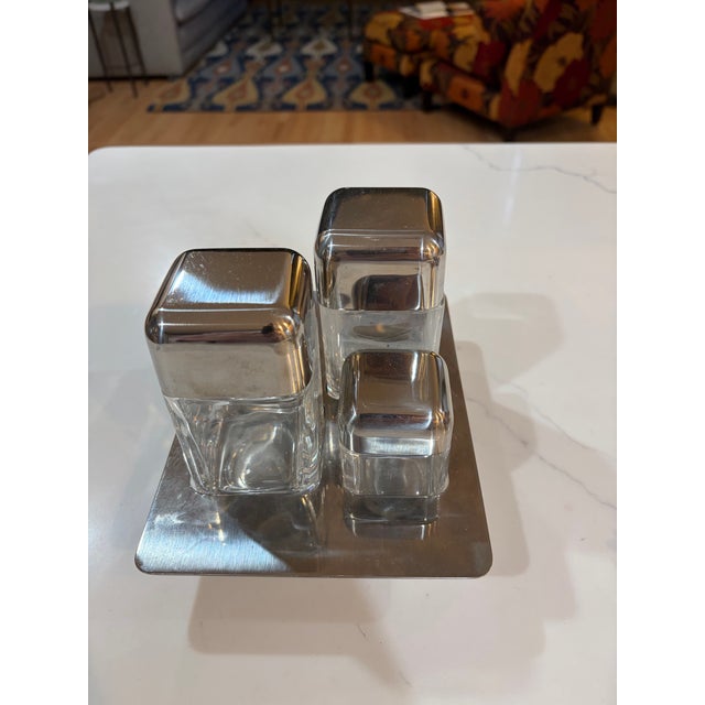 Silver 1970s Mid Century Modern Italian Musi Stainless Steel & Glass 4-Piece Condiment Set - 5ps For Sale - Image 8 of 11