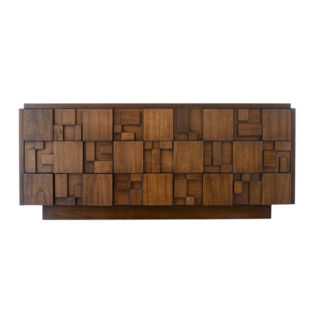 Beautiful vintage set of Lane brutalist lowboy dresser and mirror from the maker's iconic Staccato collection inspired by...