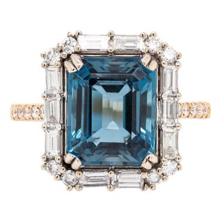 5.46ct London Blue Topaz & Natural Diamond Ring in Solid 14k White & Yellow Gold, Size 6.75 For Sale