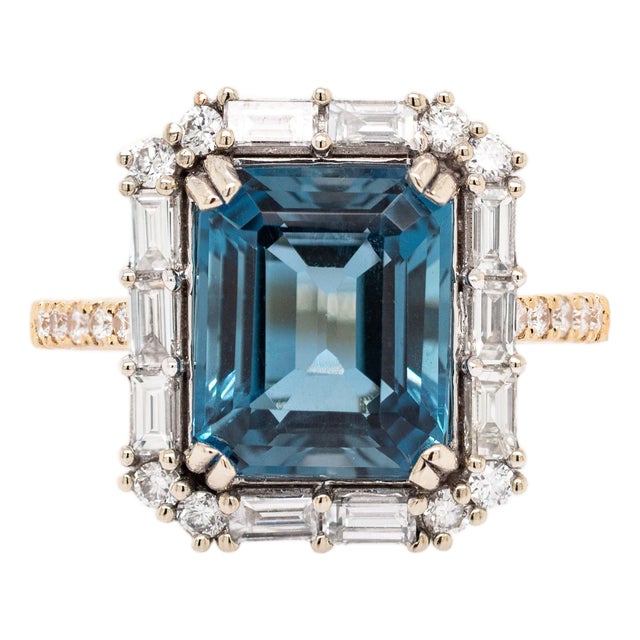 5.46ct London Blue Topaz & Natural Diamond Ring in Solid 14k White & Yellow Gold, Size 6.75 For Sale