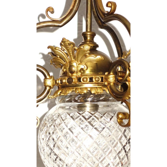 Antique French Art Nouveau Brass and Glass 4-Light Chandelier, 1940s For Sale - Image 12 of 13