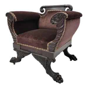 Antique American Empire Mahogany Accent Chair Newly Reupholstered in Mohair
