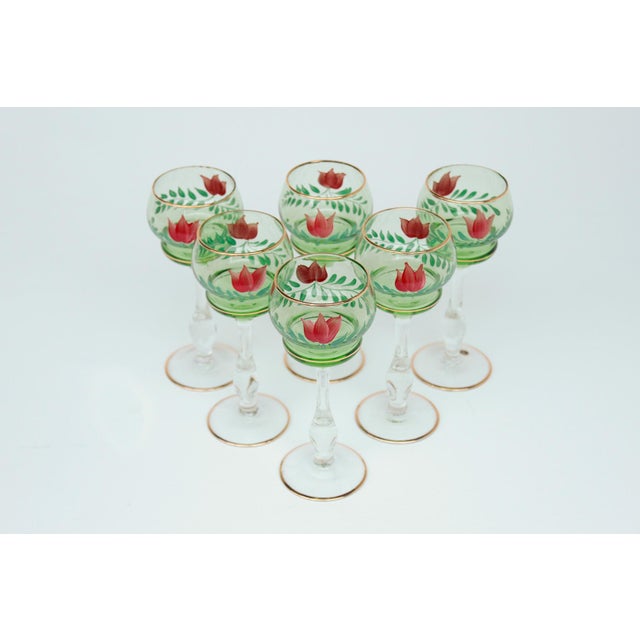 Vintage Italian Wine Glasses with Floral Decoration, 1960s, Set of 6 For Sale - Image 4 of 7