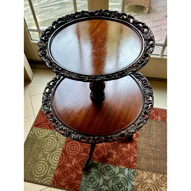 Carved, Mahogany, Two-Tiered, Parlor/Tea Table With Ornate, Carved Legs, and Detailed Piecrust Edges, Rococo / Victorian Style, C1940 For Sale - Image 4 of 10