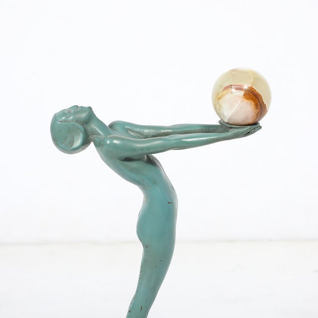 Art Deco Sculptural Onyx & Veria Green Marble Nude Flapper Signed Max Le Verrier For Sale - Image 14 of 17
