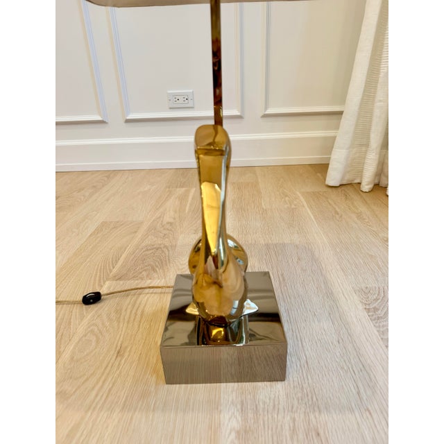 Mid 20th Century Gorgeous Vintage Modernist Brass Pelican Table Lamp With Chrome Base, 1970s, Heavy For Sale - Image 5 of 9