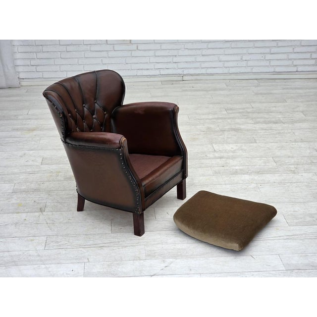 Vintage Danish Lounge Chair in Brown Furniture Leather and Velour, 1930s For Sale - Image 15 of 18
