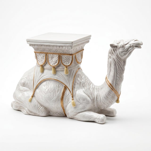 Hollywood Regency Large Scale Hollywood Regency Italian White & Yellow Tassel Terracotta Camel Side Table / Garden Seat For Sale - Image 3 of 7