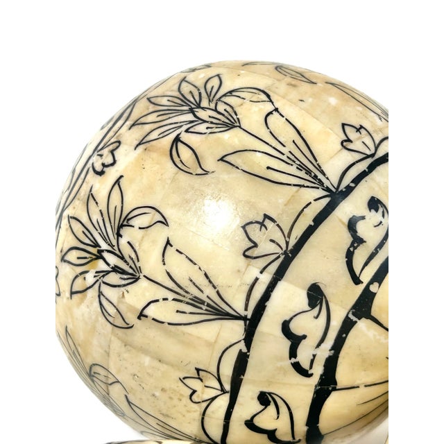 Traditional Vintage Camel Bone Inlay Mosaic Decorative Spheres – Hand Carved Set of 3 For Sale - Image 3 of 6