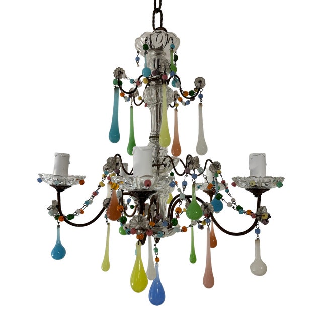 French Rainbow Pastel Confetti Candy Colors Opaline Drops Chandelier, Circa 1920 For Sale