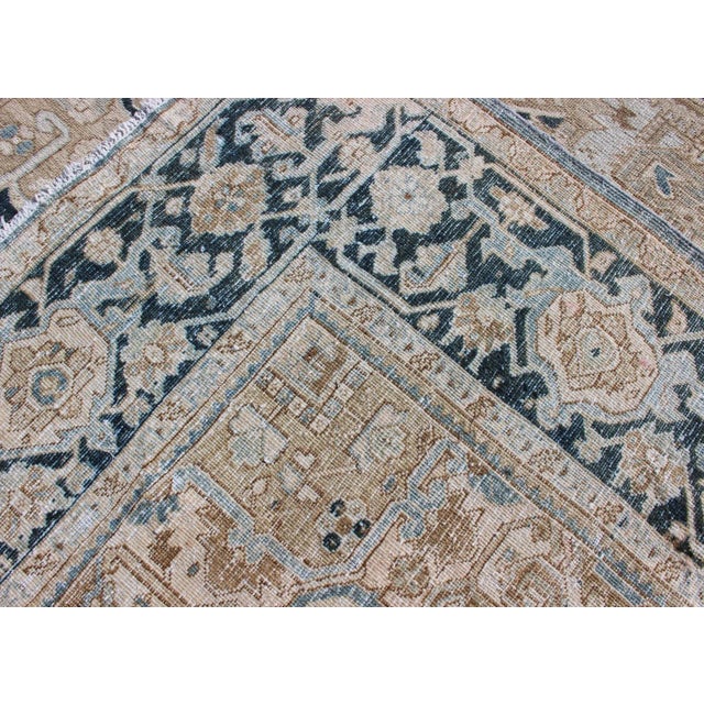 Antique Persian Heriz Rug With Geometric Medallion Design in Taupe, Blue-Gray For Sale - Image 12 of 13
