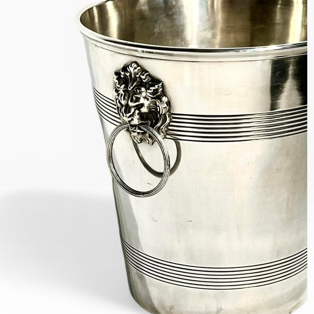 Art Deco French Art Deco Silver Plate Champagne Bucket – L’Orfèvrerie Lion Head Ring Handles, Early 20th Century For Sale - Image 3 of 14