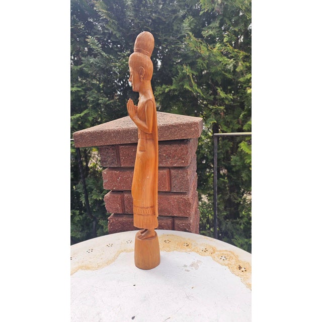 Vintage Wooden Carved Thai Woman Wai, 1970s For Sale - Image 10 of 13