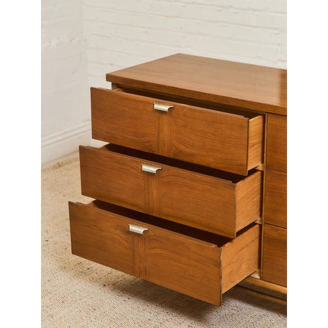 Mid 20th Century Six Drawer Walnut Dresser With Curved Metal Drawer Pulls For Sale - Image 10 of 12