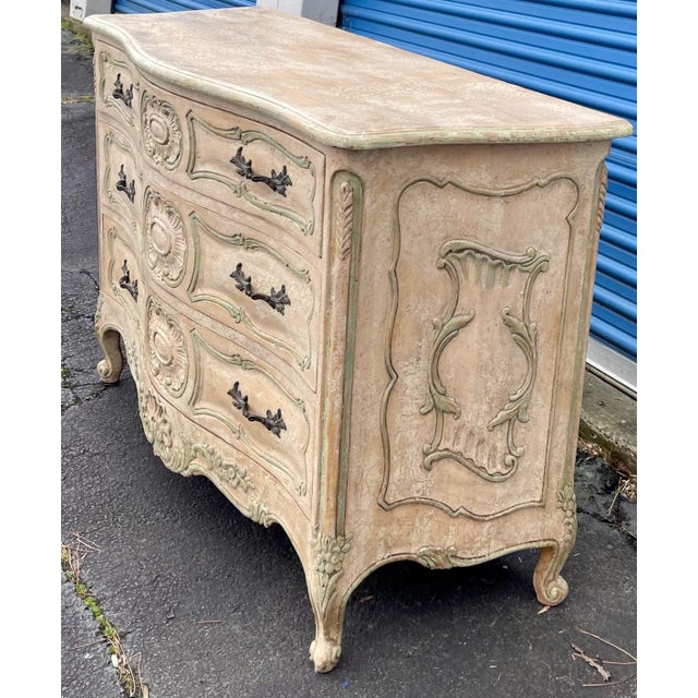 Wood French Louis XVI Style Cerused Painted Commode / Chest With Carved Shell Motif For Sale - Image 7 of 10