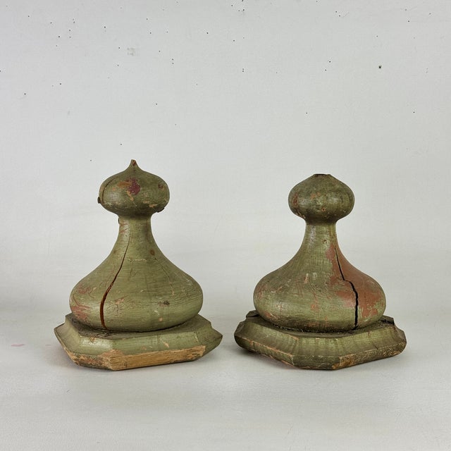 American Pair of 19th C. Architectural Salvaged Large Onion Shaped Wood Finials, Painted Green For Sale - Image 3 of 15