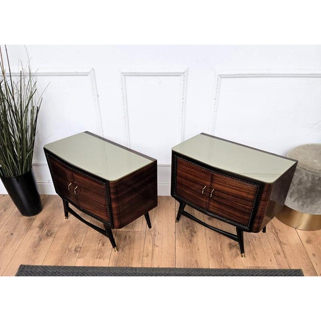 Blue Mid-Century Italian Art Deco Walnut Nightstands with Glass Tops, 1950s, Set of 2 For Sale - Image 8 of 9
