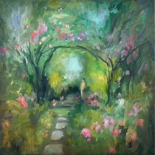 Secret Garden by Leigh Ann Van Fossan | Oil Painting of a lush garden path with blooming flowers For Sale