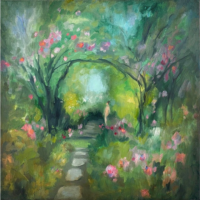 Secret Garden by Leigh Ann Van Fossan | Oil Painting of a lush garden path with blooming flowers For Sale