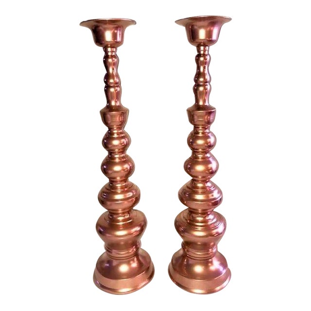 1980s Brass Painted Metallic Copper Candle Sticks - a Pair For Sale