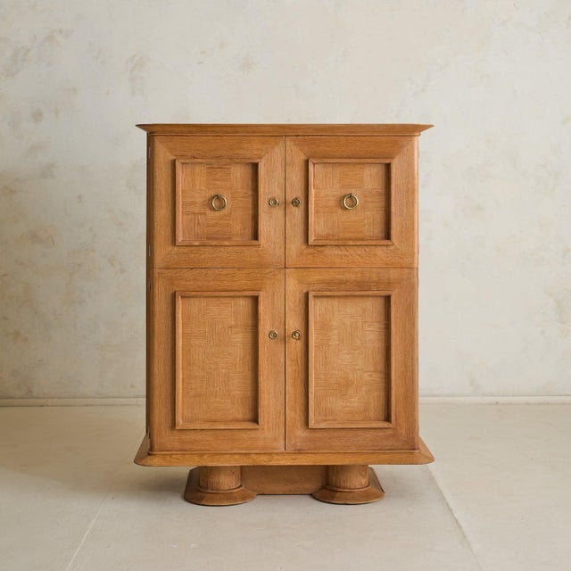 Mid-Century Modern French Oak Bar Cabinet with Parquetry + Mirrored Interior, 1940s For Sale - Image 3 of 11