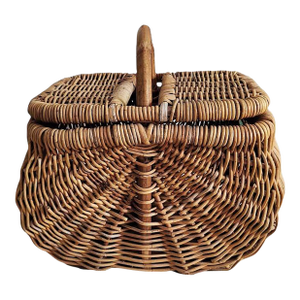 Vintage Wicker Handmade Buttocks Farmer's Harvest Basket With Removable Lid