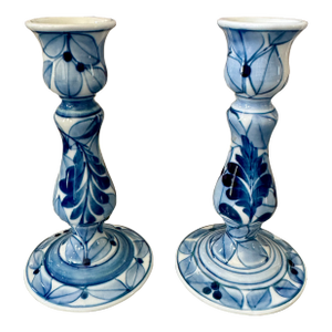Vintage Petite Blue & White Taper Holders - A Pair