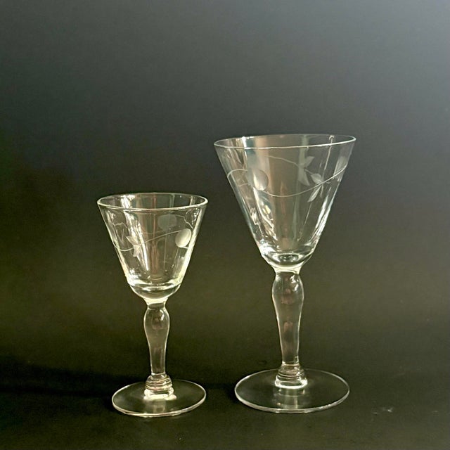 Transparent Vintage Etched Port Glasses – Set of 7 | Small Stemware for Liqueur, Vodka, Sherry & Cordial For Sale - Image 8 of 8