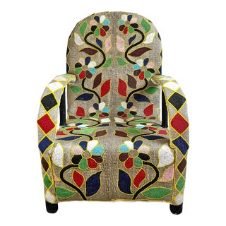 Sand & Multi-Floral Vintage Yoruba Beaded Chair For Sale