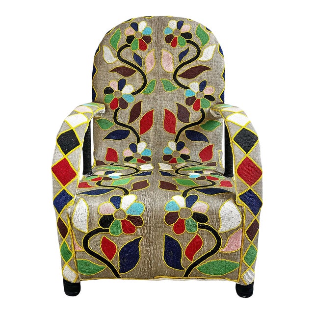 Sand & Multi-Floral Vintage Yoruba Beaded Chair For Sale
