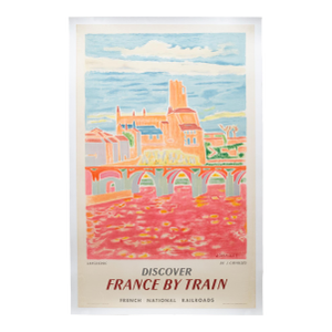 Original Restored Lithograph SNCF French Rail Travel Poster, Languedoc, c.1956