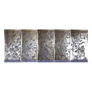 Silver Leaf Chinoiserie Hand-Painted Pale Blue Peony & Bird Wall Panels (Set of 5) For Sale