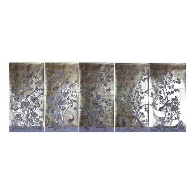 Silver Leaf Chinoiserie Hand-Painted Pale Blue Peony & Bird Wall Panels (Set of 5) For Sale