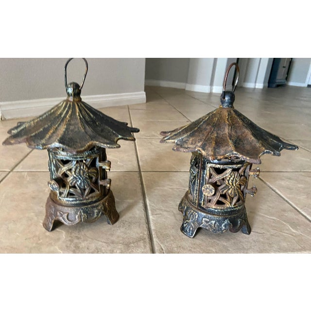 Chinese Pair Antique Chinese Iron Pagoda Garden Candle Lanterns For Sale - Image 3 of 13
