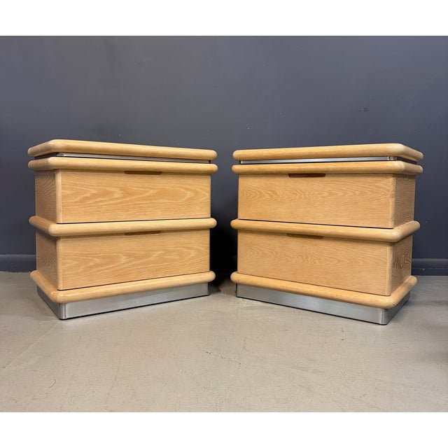 Postmodern 1990s Pair of Jay Spectre for Century Cerused Oak Nightstands With Brushed Steel Bases For Sale - Image 3 of 9