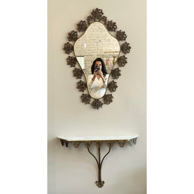 1970s Vintage Italian Brass Filigree Mirror With Matching Marble Floating Table - Set of 2 For Sale - Image 12 of 12