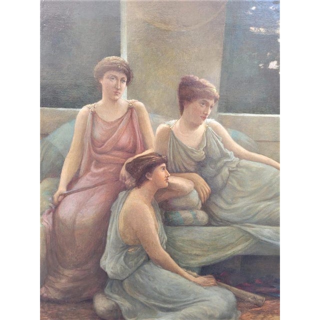 Very large oil on canvas representing a young man crowned with laurels, sitting in front of muses and shepherds In the...