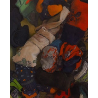 Inside, Sock Drawer by Erin Milan | Oil on panel Painting of a pile of assorted socks For Sale