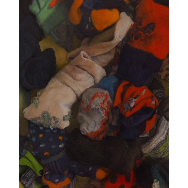 Inside, Sock Drawer by Erin Milan | Oil on panel Painting of a pile of assorted socks For Sale